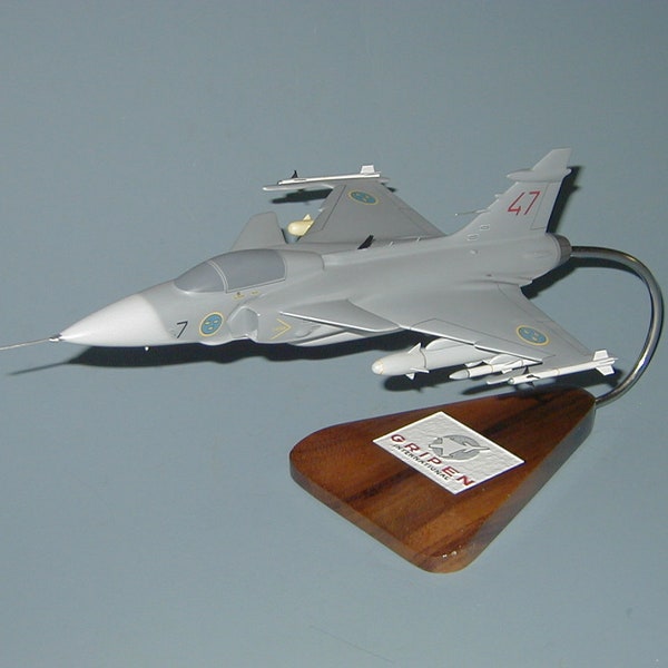 Saab JAS-39 Gripen Swedish Air Force fighter airplane model hand carved mahogany wood replica desktop display