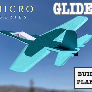 May include: A teal and white paper airplane glider with the text "MICRO SERIES" and "GLIDER" in black text. The text "BUILD PLANS" is in a black box in the lower right corner of the image.