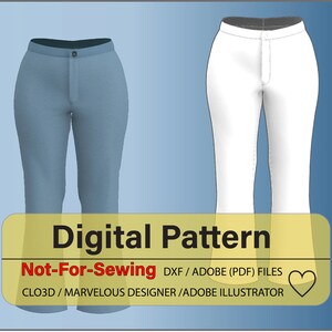 May include: Digital pattern for pants in blue and white. The text on the image reads "Digital Pattern Not-For-Sewing DXF/ADOBE (PDF) FILES CLO3D/MARVELOUS DESIGNER/ADOBE ILLUSTRATOR".