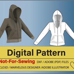 May include: Digital pattern for a hooded sweatshirt, shown in brown and white. The text reads "Digital Pattern Not-For-Sewing DXF/ADOBE (PDF) FILES CLO3D/MARVELOUS DESIGNER/ADOBE ILLUSTRATOR".