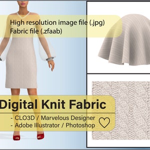 Può includere: Tessuto a maglia digitale in tinta beige chiaro. Il tessuto è mostrato come una sfera drappeggiata e un primo piano del motivo a maglia. Il testo "Digital Knit Fabric" è visualizzato in una casella gialla con le parole "CLO3D / Marvelous Designer" e "Adobe Illustrator / Photoshop" elencate sotto.