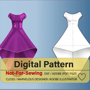 Peut inclure: Un patron numérique pour une robe avec une jupe asymétrique. Le patron est présenté à la fois en image 3D et en dessin au trait. Le texte "Digital Pattern" est affiché dans un encadré jaune avec le texte "Not-For-Sewing DXF/ADOBE (PDF) FILES CLO3D/MARVELOUS DESIGNER/ADOBE ILLUSTRATOR" en dessous.