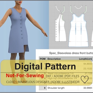May include: Digital pattern for a sleeveless dress with a front button closure. The pattern includes measurements in centimeters for the length, waist circumference, high-hip circumference, low-hip circumference, and shoulder length. The pattern is not for sewing and is available in DXF and Adobe PDF files.