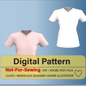 May include: Digital pattern for a V-neck t-shirt. The pattern is available in DXF and PDF formats. It can be used with CLO3D, Marvelous Designer, and Adobe Illustrator. Not for sewing.