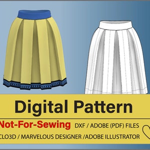 Basic Box Pleated Skirt with Blue Trim Pattern DXF/PDF for CLO3D/Ai