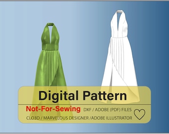 Green Evening Dress/Pleated Pattern DXF/PDF for CLO3D/Ai