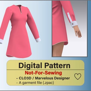 May include: Digital pattern for a pink dress with white trim and cuffs. The pattern is for use in CLO3D or Marvelous Designer software. The text "Not-For-Sewing" is displayed on the image.