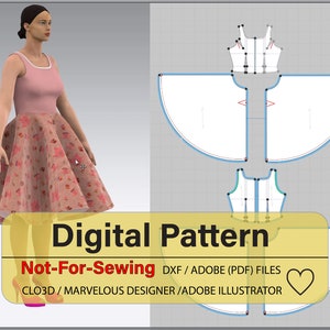 Pode incluir: Padrão digital para um vestido com um corpete justo e uma saia rodada. O padrão é mostrado em branco sobre um fundo de grade cinza. O texto "Digital Pattern" e "Not-For-Sewing DXF/ADOBE (PDF) FILES CLO3D/MARVELOUS DESIGNER/ADOBE ILLUSTRATOR" também está incluído na imagem.