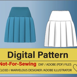 Peut inclure: Patron numérique pour une jupe plissée en bleu et blanc. Le patron n'est pas destiné à la couture, mais à l'utilisation dans des programmes de conception numérique tels que CLO3D, Marvelous Designer et Adobe Illustrator. Le texte "Not-For-Sewing" est affiché en rouge.