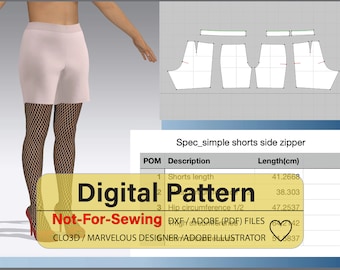 Women’s Simple Shorts Side Zipper Pattern DXF/PDF for CLO3D/Ai