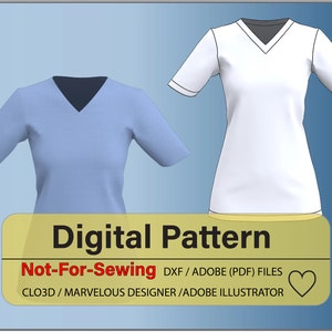 Women&#39;s Basic V-neck Top DXF/PDF Pattern for CLO3D/Ai