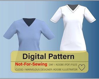 Women's Basic V-neck Top DXF/PDF Pattern for CLO3D/Ai