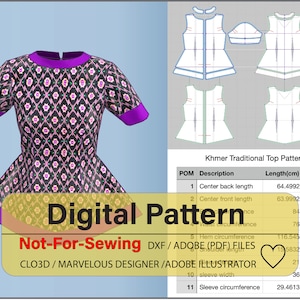 Women&#39;s Khmer/Cambodian Traditional Top DXF/PDF Pattern for CLO3D/Ai