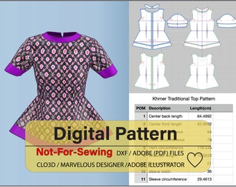 Women's Khmer/Cambodian Traditional Top DXF/PDF Pattern for CLO3D/Ai