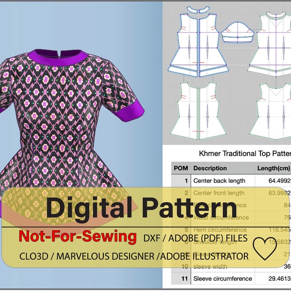 Women's Khmer/Cambodian Traditional Top DXF/PDF Pattern for CLO3D/Ai