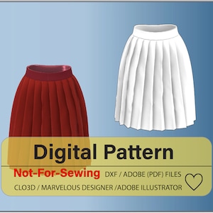 May include: Digital pattern for a pleated skirt in red and white. The pattern is not for sewing, but for use in digital design programs like CLO3D, Marvelous Designer, and Adobe Illustrator. The text "Not-For-Sewing DXF/ADOBE (PDF) FILES CLO3D/MARVELOUS DESIGNER/ADOBE ILLUSTRATOR" is included in the image.