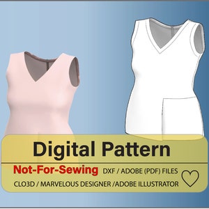 May include: Digital pattern for a sleeveless top with a V-neck and a pocket. The pattern is not for sewing and is available in DXF and Adobe PDF formats. It can be used in CLO3D, Marvelous Designer, and Adobe Illustrator.