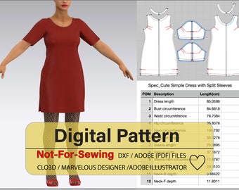 Basic Dress Split Sleeves Pattern DXF/PDF for CLO3D/Ai