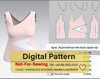 Sleeveless Asymmetrical Top Pattern DXF/Adobe (PDF) for CLO3D/Ai