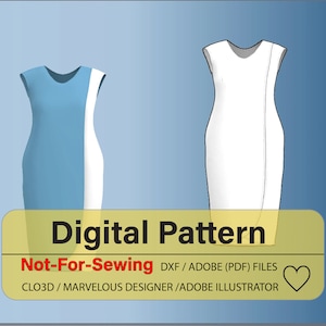 May include: Digital pattern for a sleeveless dress in blue and white. The pattern is not for sewing, but for use in digital design programs like CLO3D, Marvelous Designer, and Adobe Illustrator. The text "Not-For-Sewing DXF/ADOBE (PDF) FILES CLO3D/MARVELOUS DESIGNER/ADOBE ILLUSTRATOR" is displayed on the image.