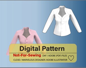 Sweetheart Neck Top Long-sleeves Pattern for CLO3D/Ai