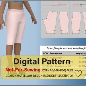 Pode incluir: Padrão digital para calças de comprimento até o joelho. O padrão inclui medidas para o comprimento das calças, a circunferência do quadril e a virilha. O padrão está disponível nos formatos DXF, Adobe PDF e Adobe Illustrator. Não adequado para costura.