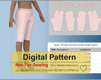 Basic knielange broek voor dames, patroon DXF/PDF voor CLO3D/Ai