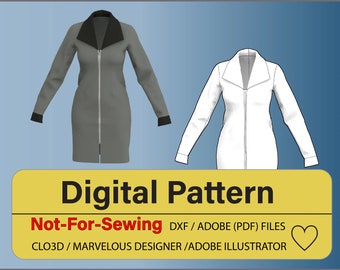 Digital Pattern Jacket with Lapel/Collar with front Zipper for CLO3D/Marvelous Designer