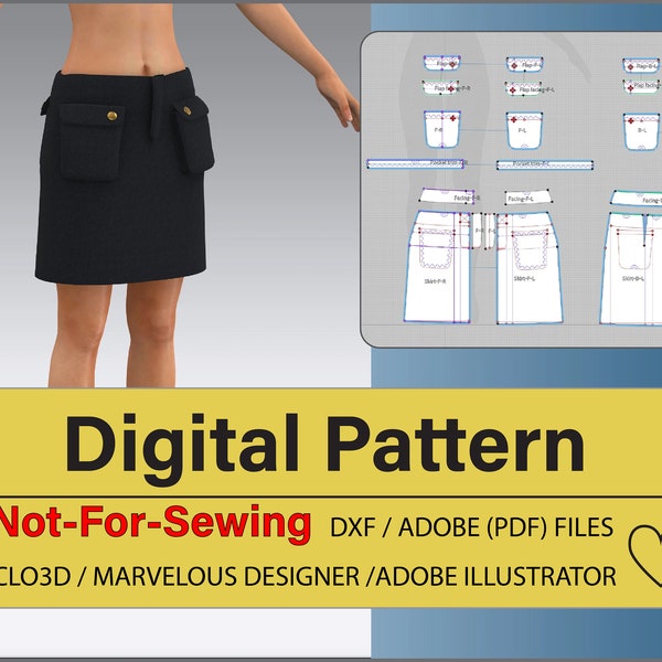 Woman cargo pockets with flaps Skirt DXF/PDF Patterns for CLO3D/Ai