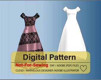 Pink Evening Dress/Lace Pattern DXF/PDF for CLO3D/Ai