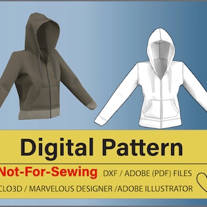 Może przedstawiać: Cyfrowy wzór na bluzę z kapturem, pokazany w kolorze brązowym i białym. Tekst brzmi "Digital Pattern Not-For-Sewing DXF/ADOBE (PDF) FILES CLO3D/MARVELOUS DESIGNER/ADOBE ILLUSTRATOR".