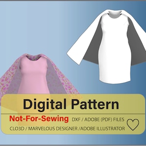May include: Digital pattern for a dress with a cape. The pattern is not for sewing, but for use in digital design programs such as CLO3D, Marvelous Designer, and Adobe Illustrator. The pattern is available in DXF and Adobe PDF formats.