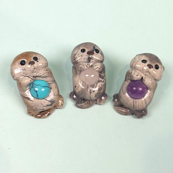 Handmade Polymer Clay Miniature Otter with Cabochon Gemstone Inspired Marbled Collectible Gift