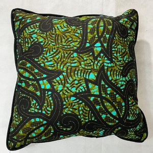 Pillow Cover - Decorative  Pillow made with African Wax Print fabric, black cotton contrasting cording, poly fill. 3 available.