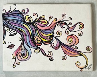 Colcha em Tela - Curly Lady, mini colcha, 9" X 12". Pronto para pendurar!