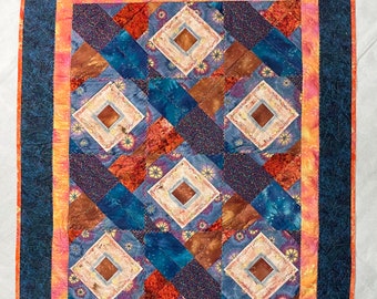 Quilt - Crazy Mystery Quilt - Wall Hanging with 4 decorative fabric hangers. 100% cotton.