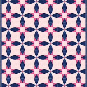 May include: A repeating pattern of pink and navy blue squares and ovals. The pattern is symmetrical and creates a geometric design.
