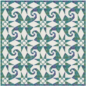 Puede incluir: Un patr&oacute;n de colcha con un dise&ntilde;o repetitivo de cuadrados blancos y remolinos azul verdoso y morado. El patr&oacute;n est&aacute; formado por tri&aacute;ngulos y cuadrados.
