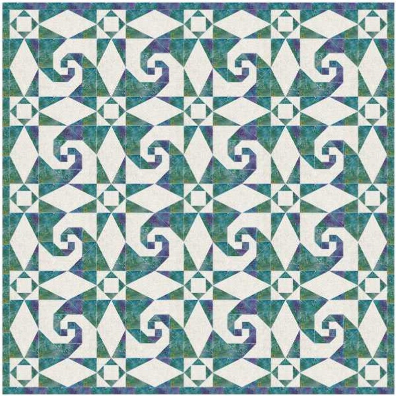 Puede incluir: Un patr&oacute;n de colcha con un dise&ntilde;o repetitivo de cuadrados blancos y remolinos azul verdoso y morado. El patr&oacute;n est&aacute; formado por tri&aacute;ngulos y cuadrados.