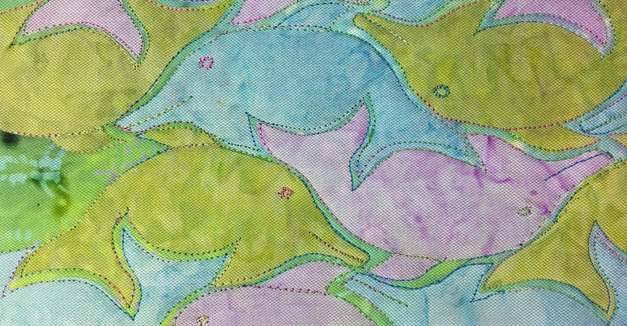Quilt on Canvas - Dancing Dolphins (pastel Colors) Tesselations Quilt  Mounted on Stretched Canvas, Ready to Hang. 16\, image size:2000x1040