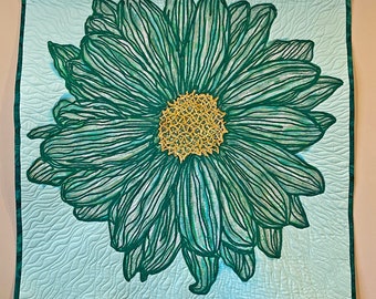 QUILT - DAISY - Green Line Drawing/Couched. Original Artist photograph printed on 100% cotton & free motion thread"Painted"