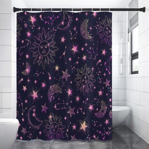 Celestial Dreams Shower Curtain: Mystical Sun, Moon & Stars Design for a Cosmic Bathroom Decor