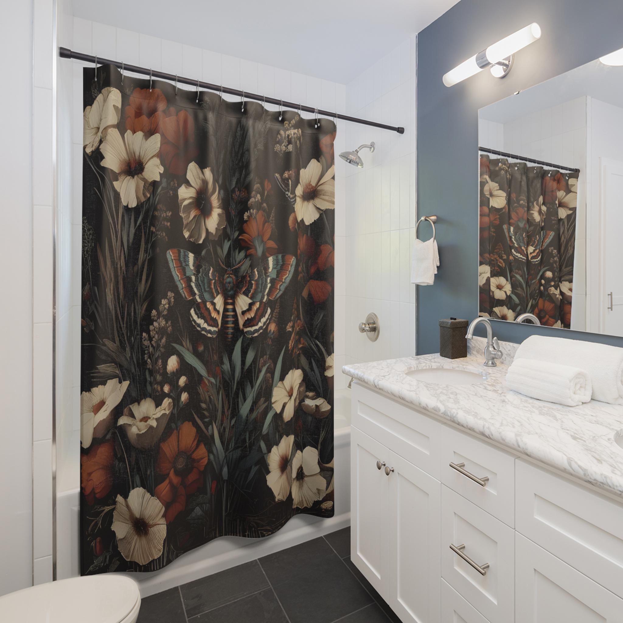 Dark Botanical Moth Shower Curtain: Eclectic Cottagecore Bathroom Decor