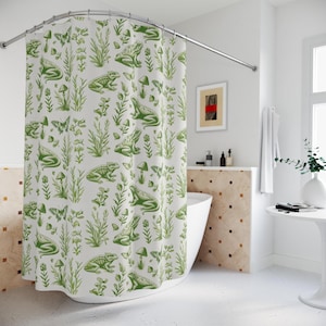 Frog & Mushroom Shower Curtain: Botanical Goblincore Decor
