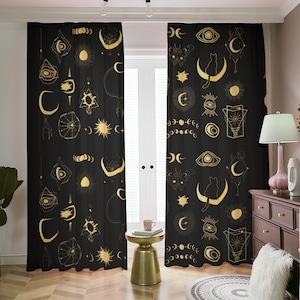 Celestial Blackout Curtains: Gold Moon Design, Dark Academia Decor