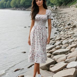 Floral Chiffon Midi Dress for Women – Short Sleeve Summer Dress with Smocked Waist, Ruffle Hem, Casual Square Neck A-Line, Capped Sleeves!
