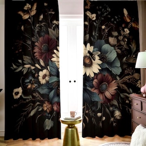 Dark Moody Velvet Wildflower Curtains, Blackout Curtains, Dark Cottagecore, Gothic Home Decor, Gauze Drapes!