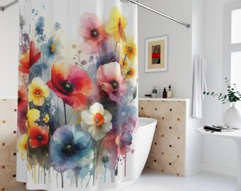 Boho Bathroom Decor Wildflower Shower Curtain Bathmat Bathroom Set | Wildflower Cottagecore| Includes Shower Curtain Hooks!