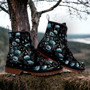 Blue Flower Boots, Cottagecore Fashion, Naturecore Boots, Dark Cottagecore Style, Vegan Leather