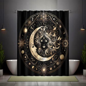 Gold Sun and Moon Shower Curtain: Mystical Celestial Bathroom Decor